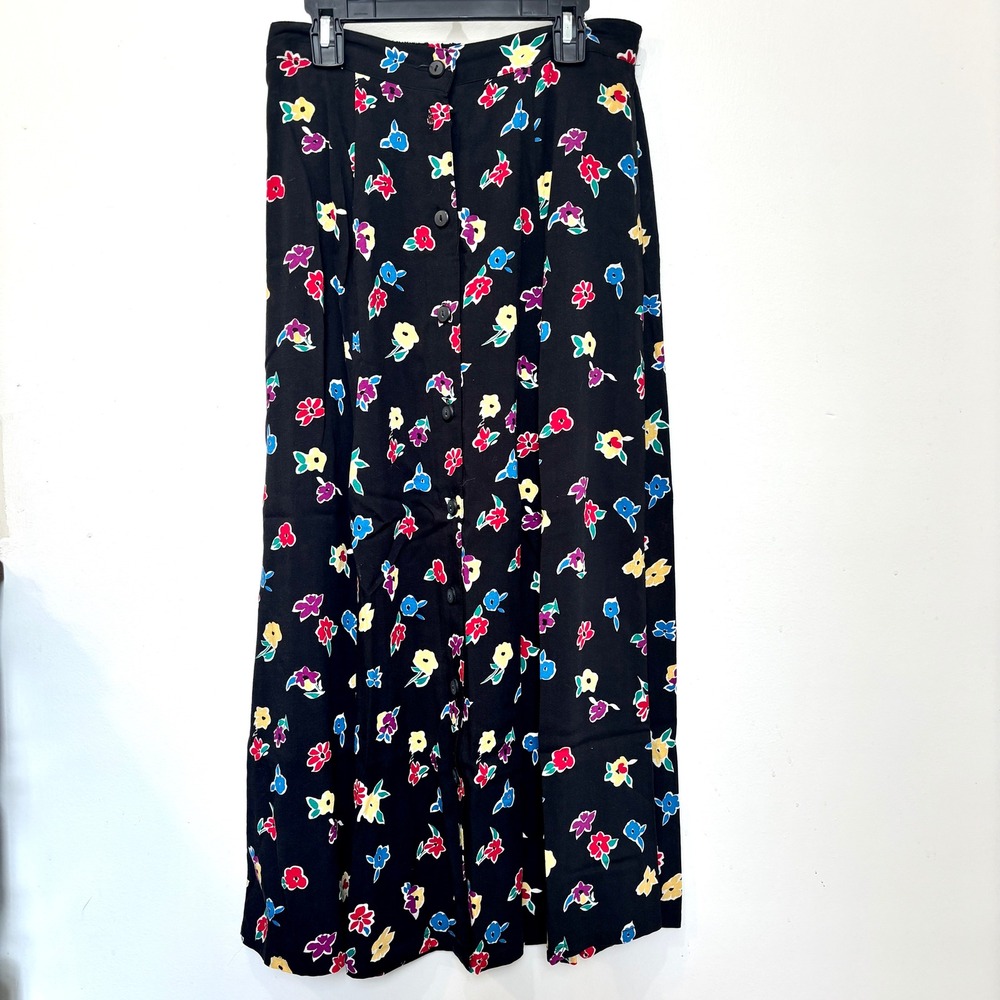 Vintage Sag Harbor‎ Black Floral Print Long Midi Skirt Button Up Granny Feminine
